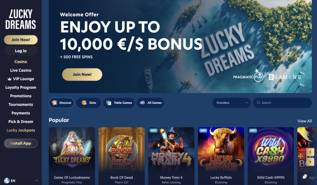 Lucky Dreams Casino Bonus - Get 10000 EUR bonus and 500 Free spins with LuckyDreams

